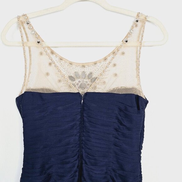 Adrianna Papell Illusion Bodice Jersey Sheath Dress Womens 6 Navy Mini Cocktail - Picture 13 of 16